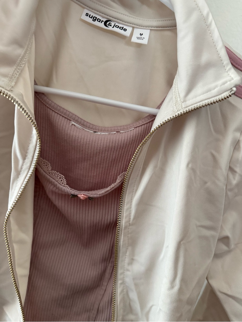 Girls active Cream Drawstring Wide-Leg Sweatpants with Pink Accent Tank & Jacket - Picture 7 of 8